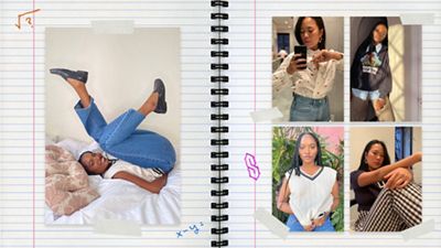 Image of woman wear math club jeans laying on bed kicking her legs up.