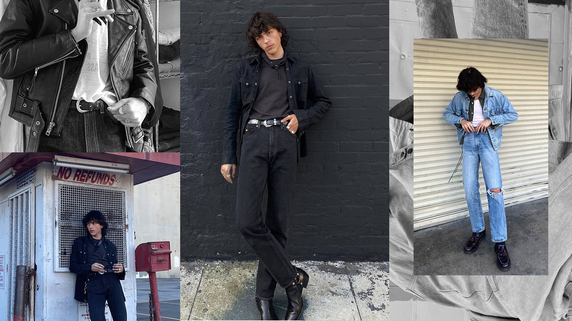 A couple different photos, a man standing against a wall wearing all black, a man standing wearing all denim, a black and white close up shot of a shirt and jacket, and a photo of a man of a man leaning against a building wearing all black
