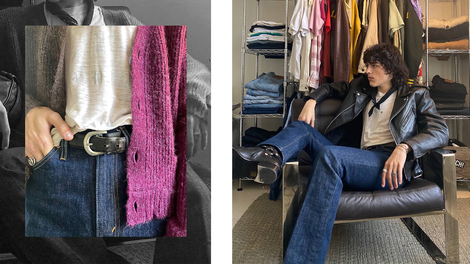A close up shot of jeans and a purple scarf and someone sitting in a chair wearing a leather jacket and jeans