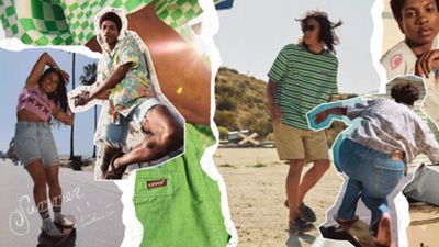 Layered cut out or torn images of models outdoors in summery outfits