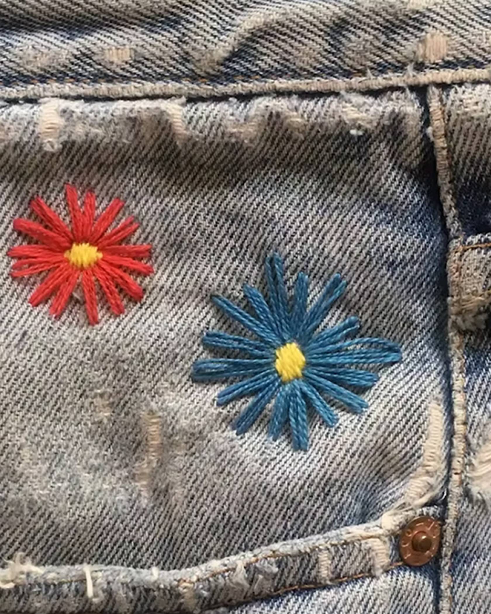 Handpainted Loose Fit Sunflower Print Jeans