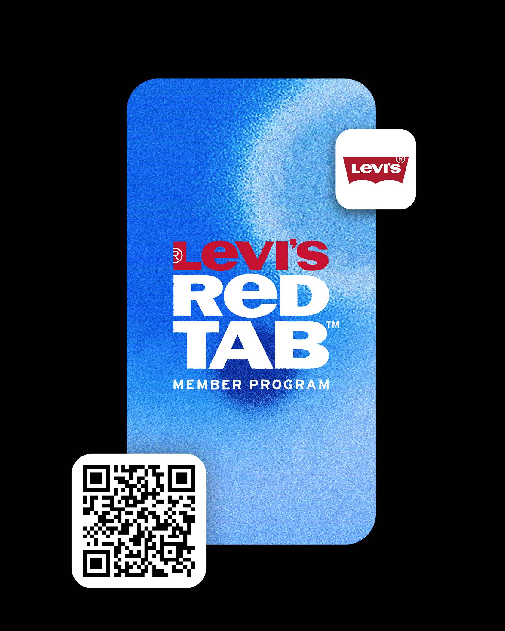 Phone shaped screen showcasing textured blue background with the Red Tab™ logo, the Levi's® App Store icon and a scannable QR code