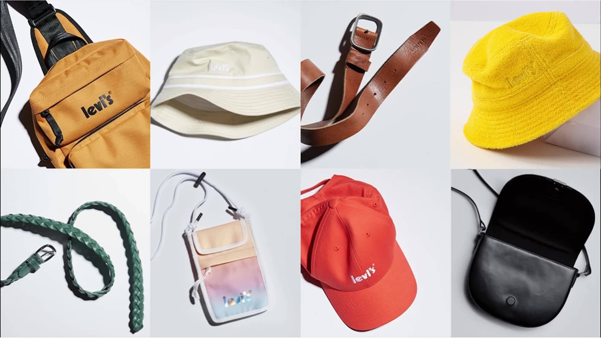 Levi's holiday accessories Hats, Belts, Bags in different colors and styles.