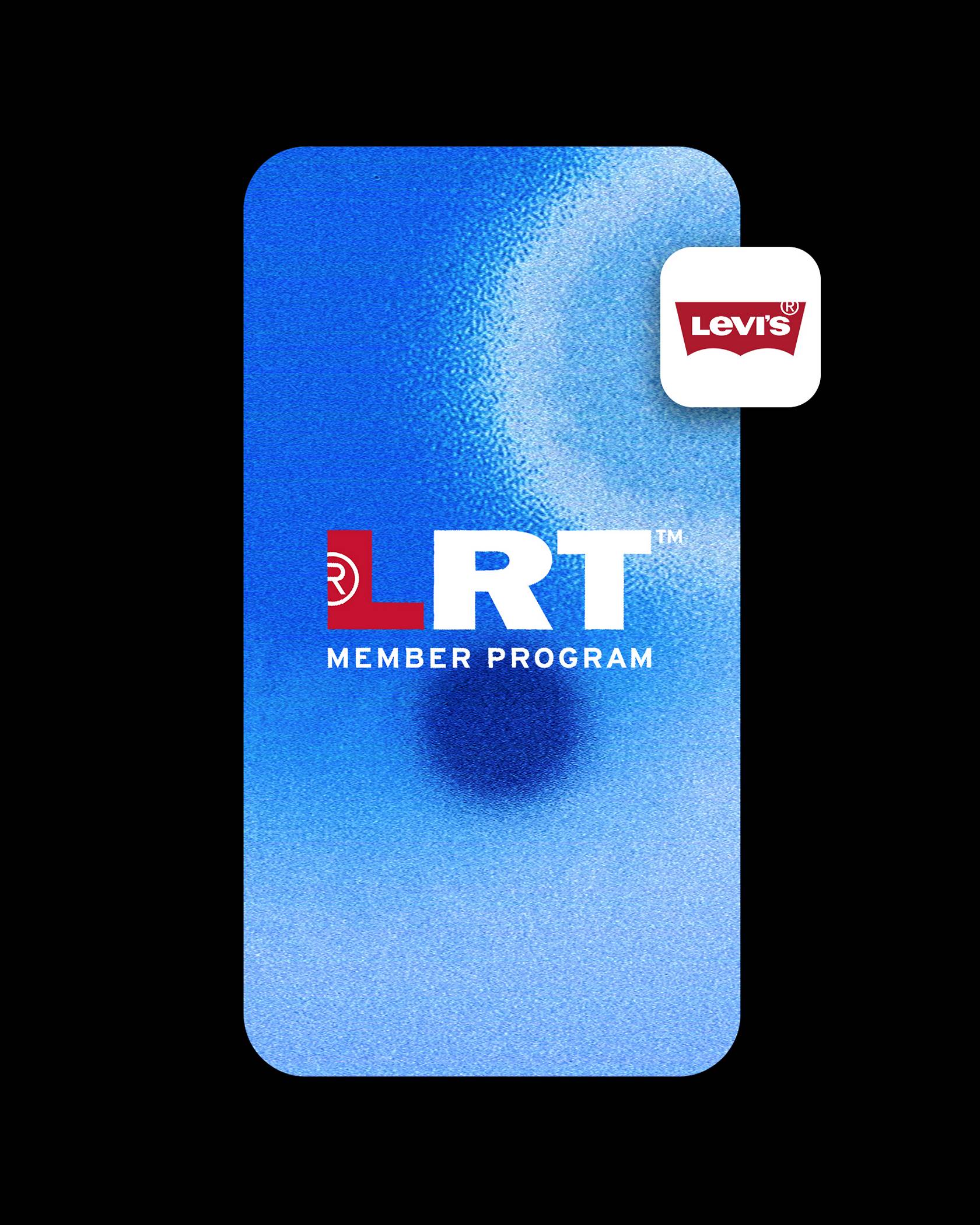 Phone shaped screen showcasing textured blue background with the Red Tab™ logo, the Levi's® App Store icon and a scannable QR code