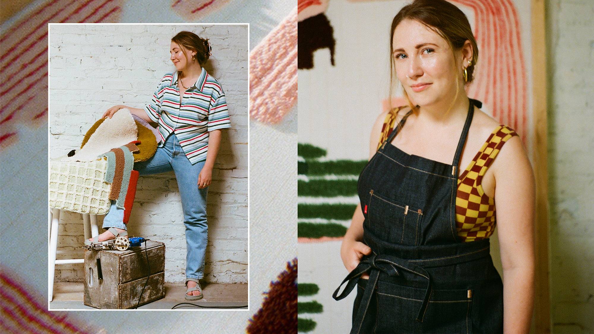 CAROLINE KAUFMAN in her levis overalls and jeans displaying her artwork