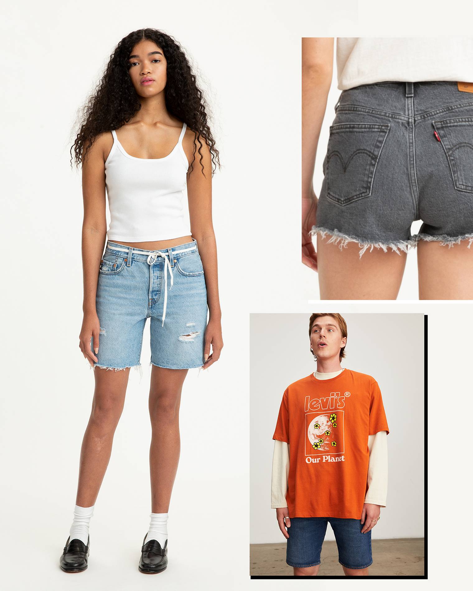 Man and women styled with Levi's denim shorts