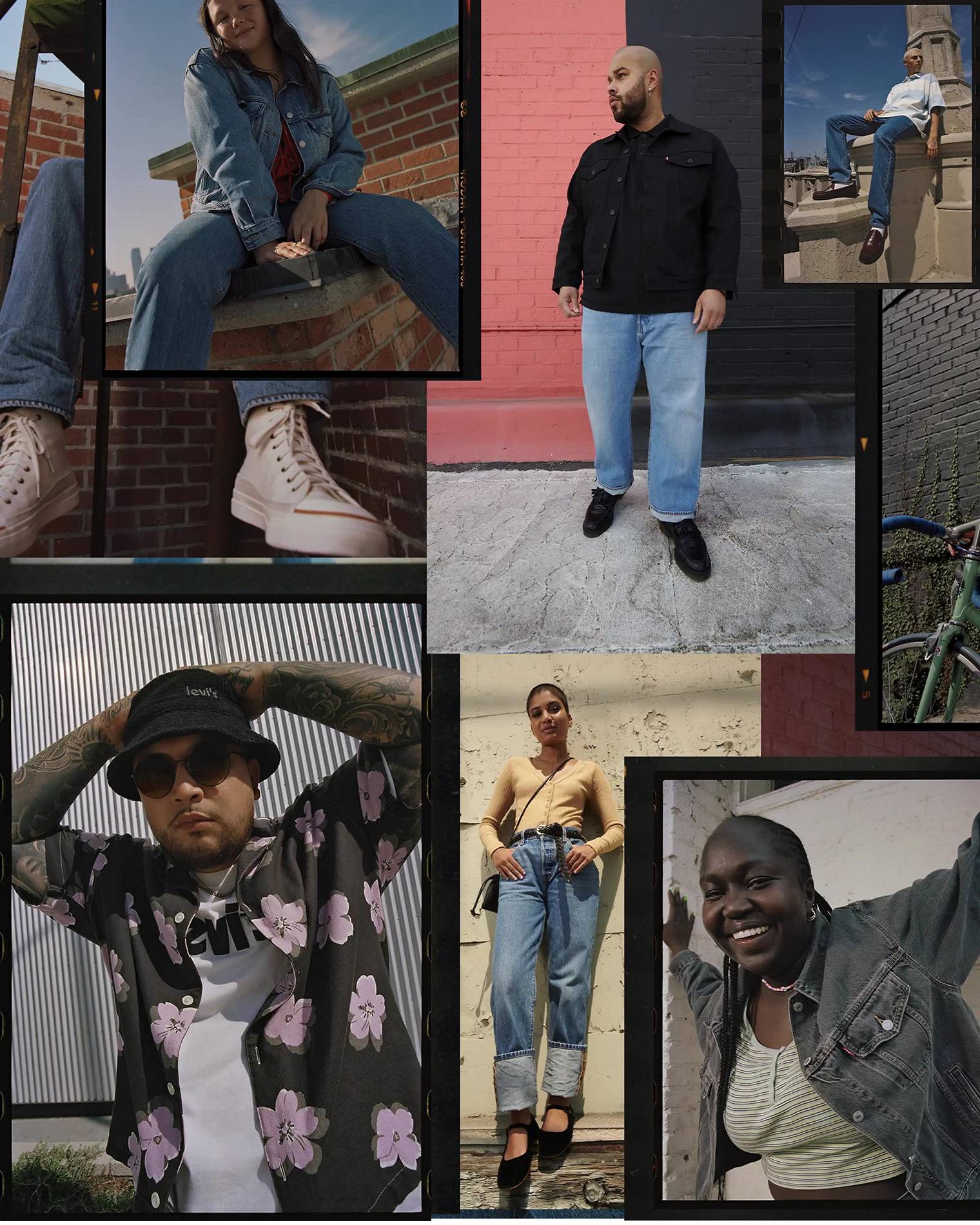 Collage of models wearing 501 jeans and different Levi's tops