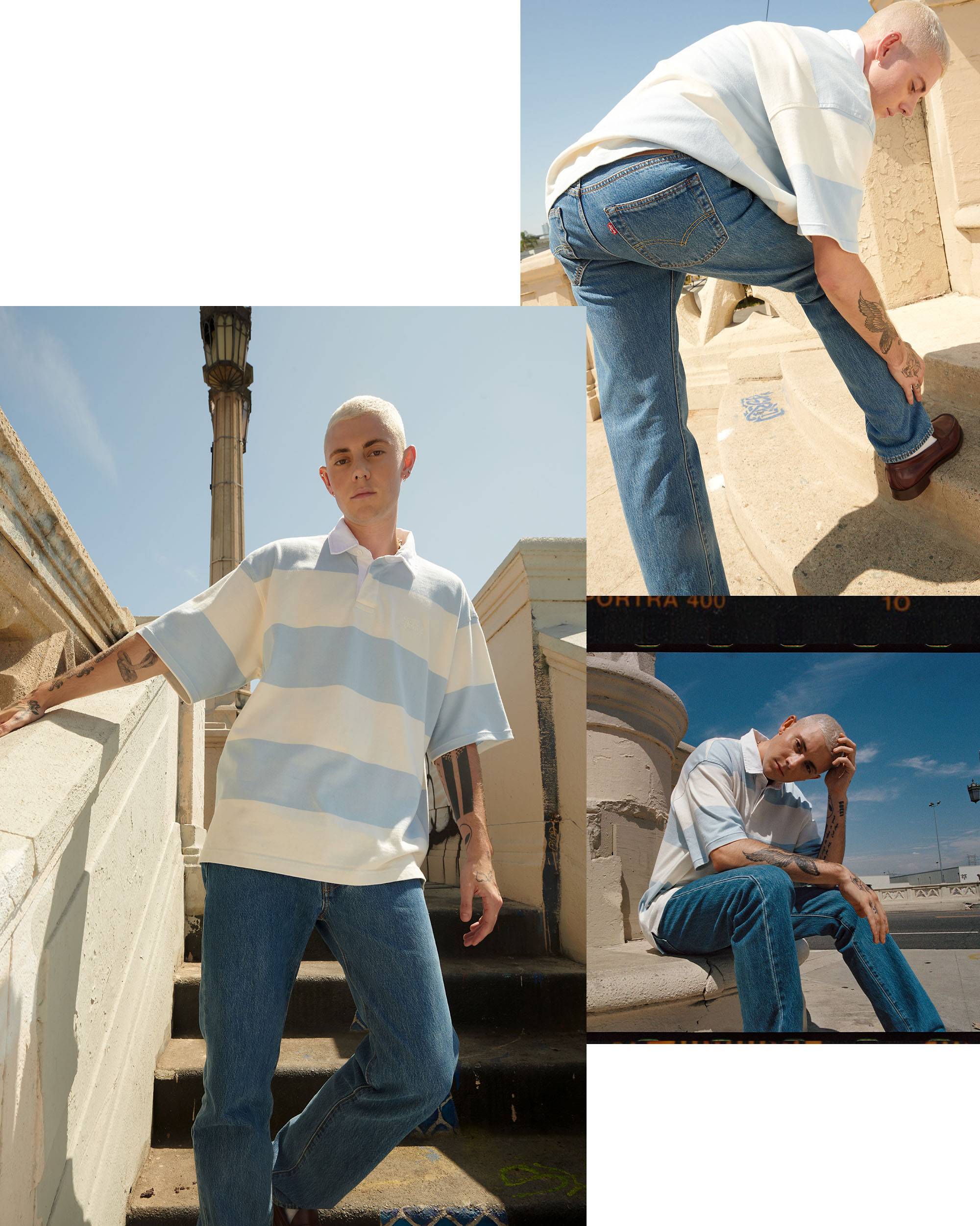 model outdoors in polo stripped ruby shirt and 501 jeans