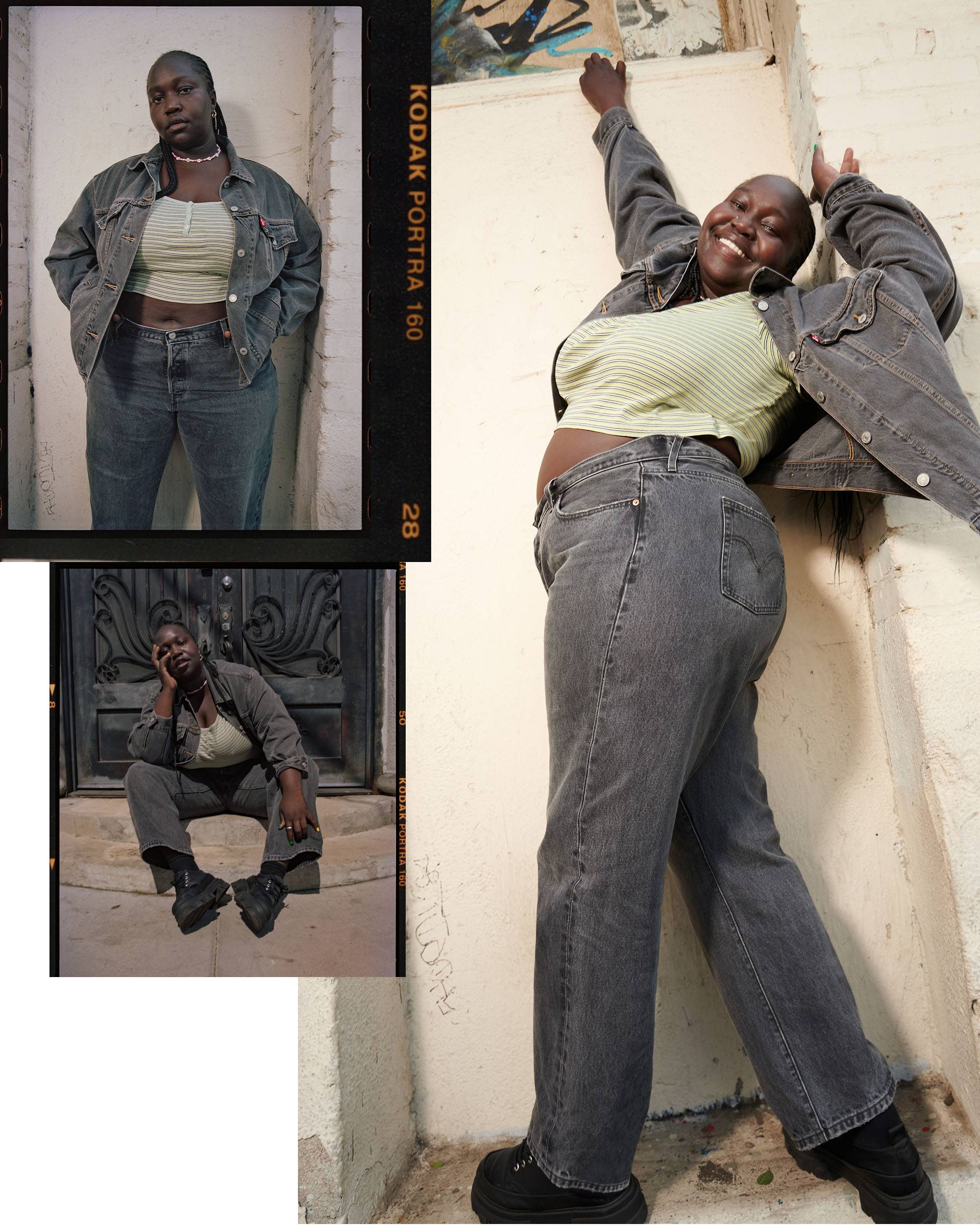 model posing in outdoor doorway with bright tank, and a matching trucker jacket and 501 jeans