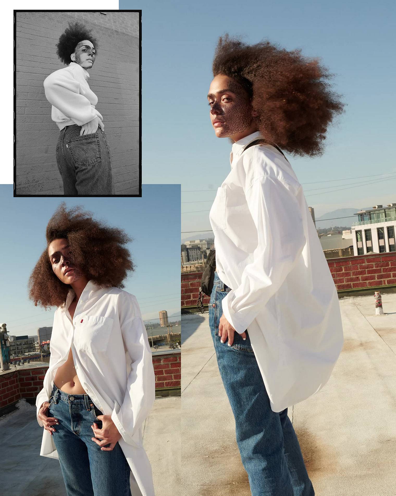 Kokie Childers in Levis 501 Jeans and white oversized levi's button up shirt