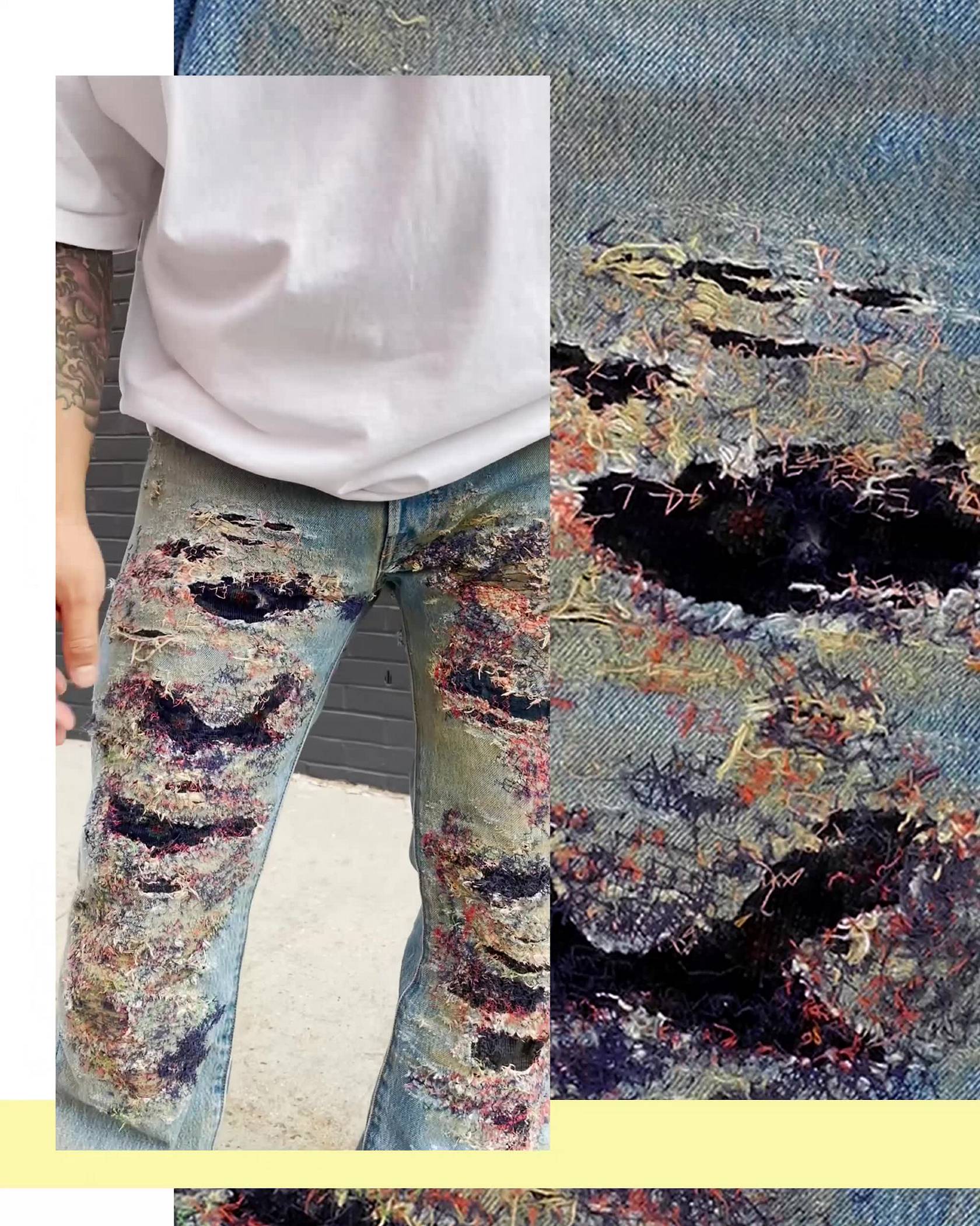 Phillip Leyesa in a close-up shot of Levi's 501 Jeans after his customization process showing detailed distressed effect.