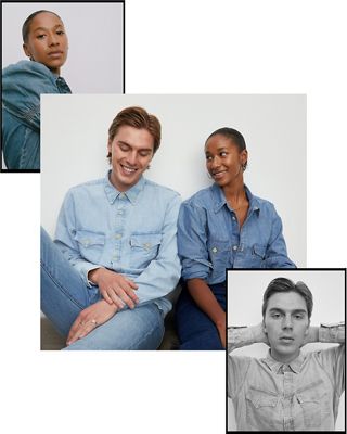 models sitting in denim shirts