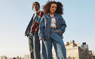Close up butt shot of Levi's blue jeans showing leather back patch and trademark Levi's red tab