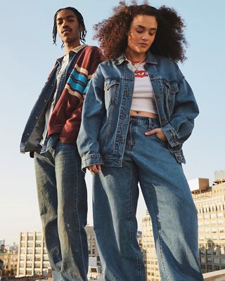 Close up butt shot of Levi's blue jeans showing leather back patch and trademark Levi's red tab