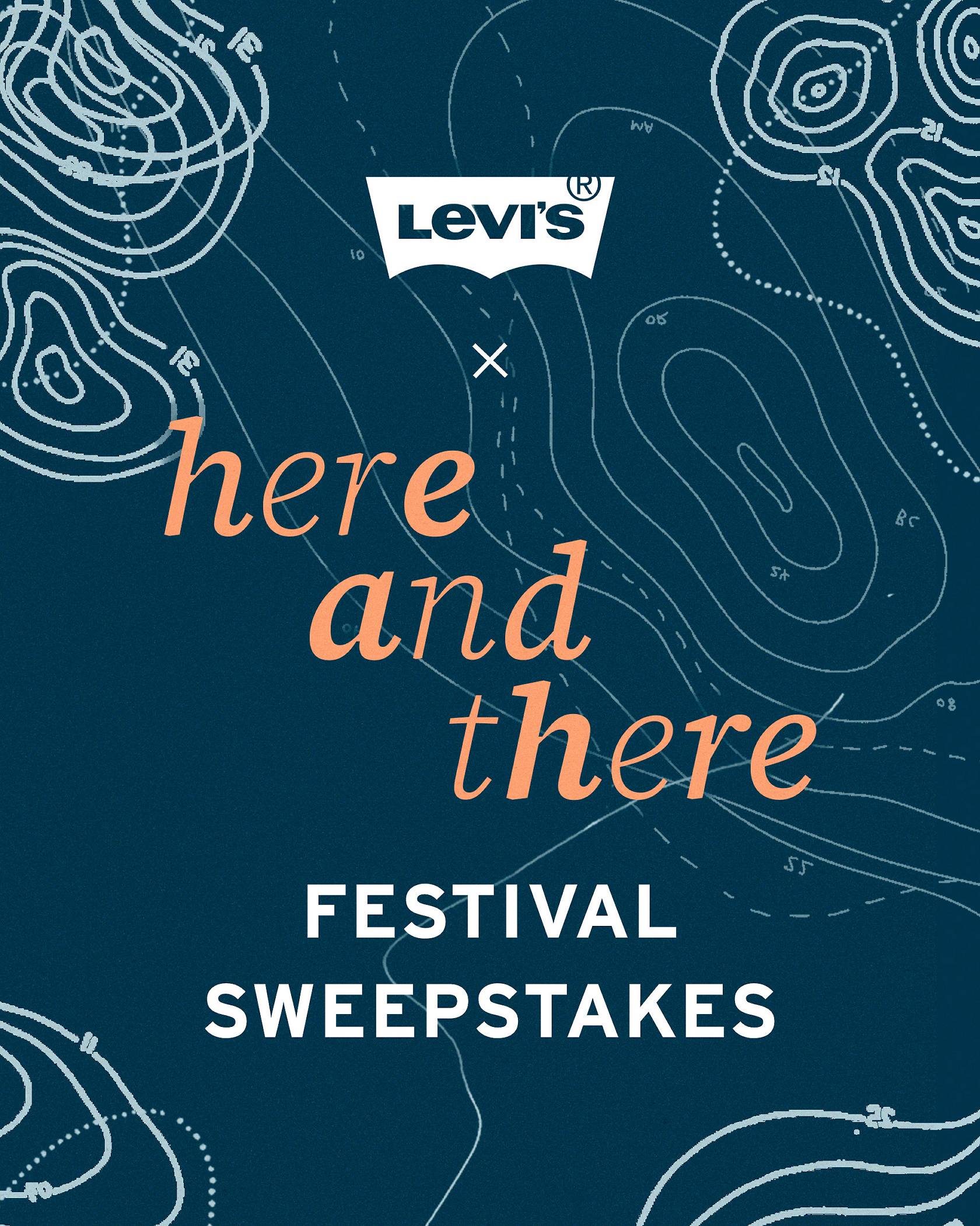 Blue image with swirls in the background, a white Levi's® batwing logo at the top and the here and there festival sweepstakes baked onto the image.