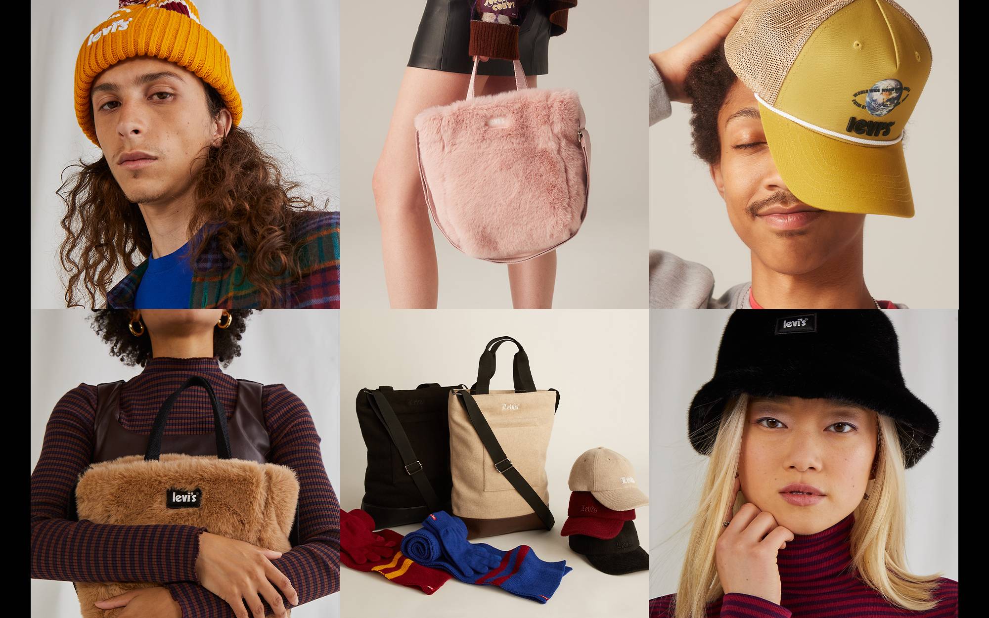Collage of different people wearing accessories such as beanies, baseball caps, bucket hats, totes, etc.