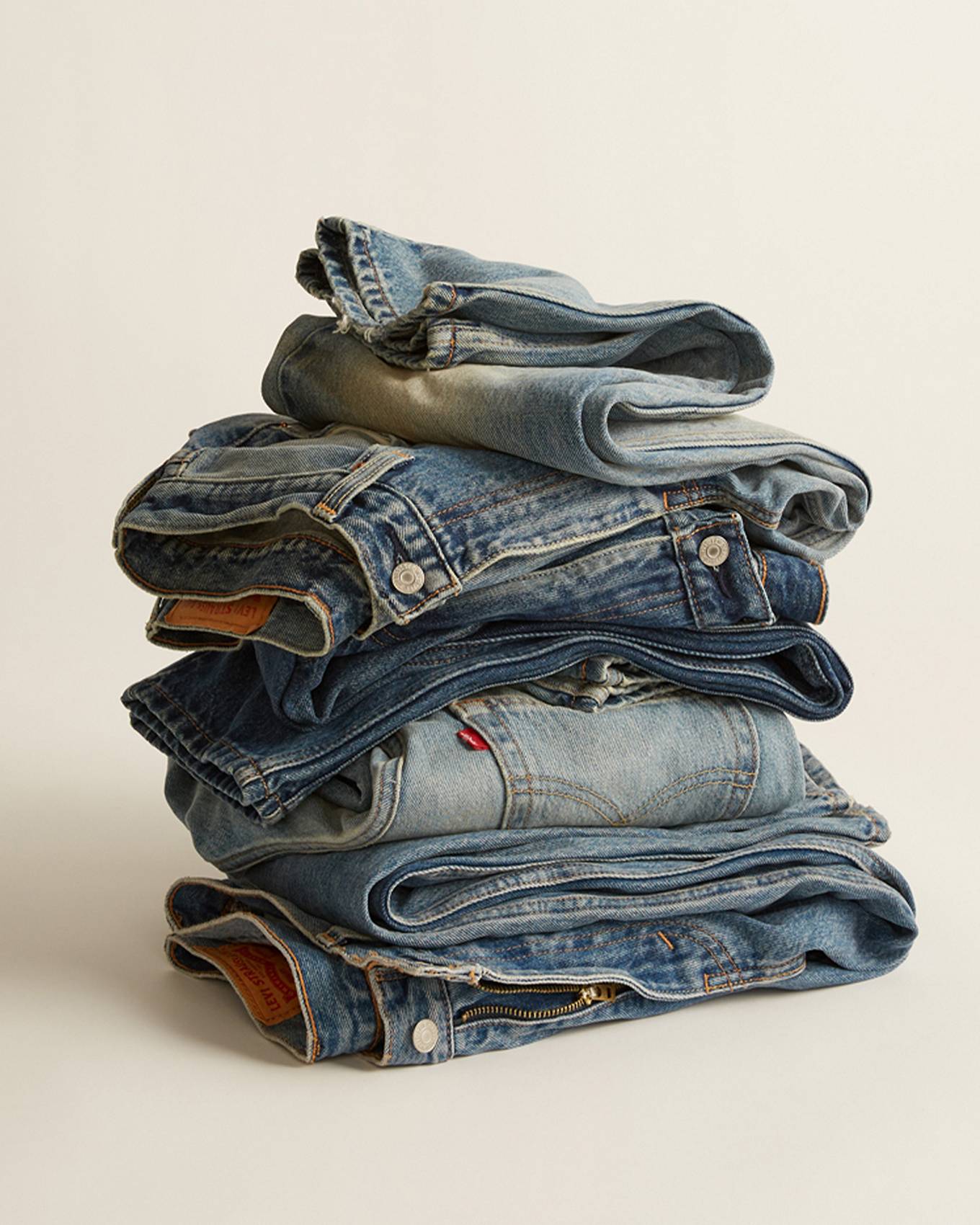 Stack of 501 blue jeans.