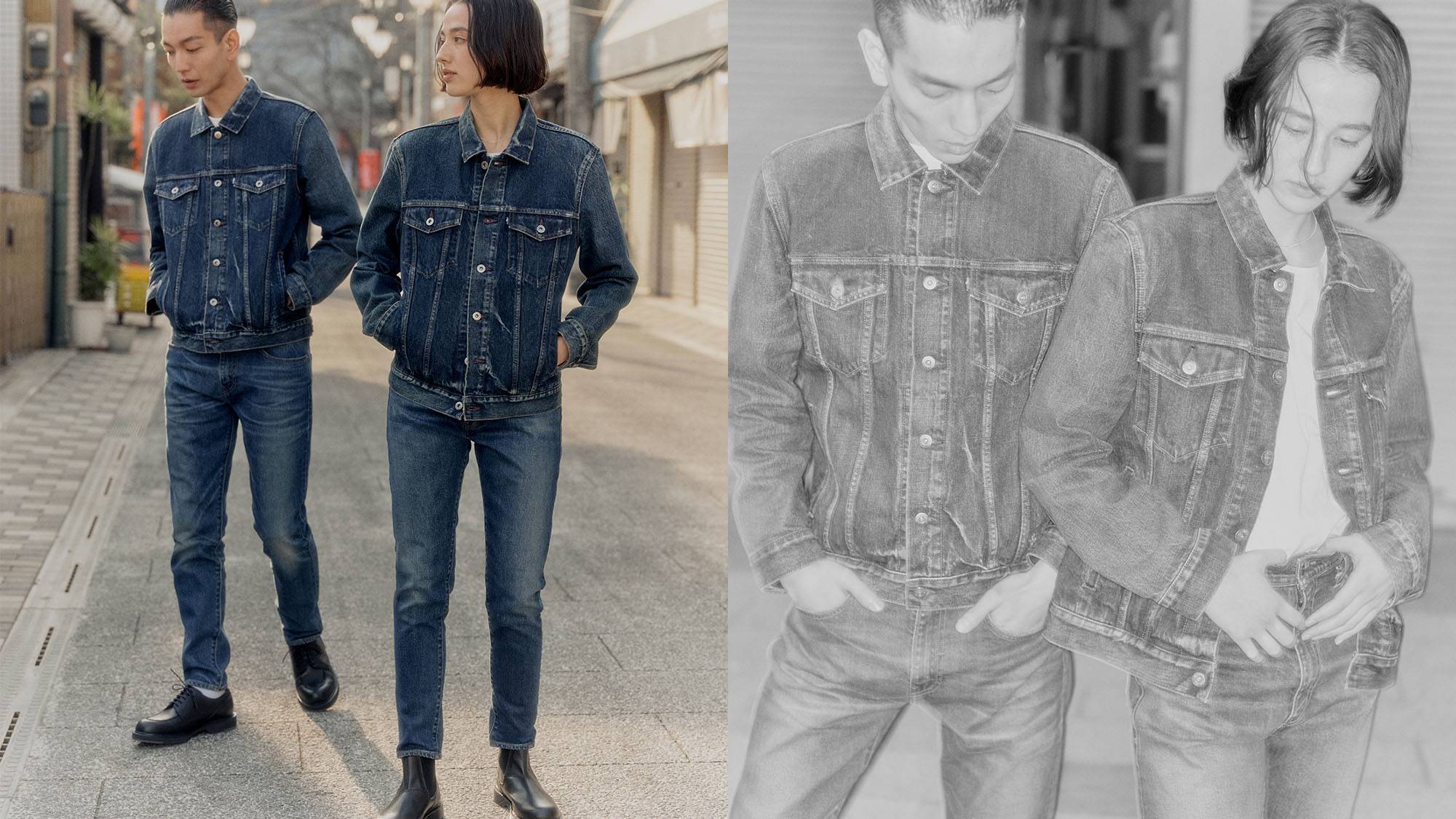Levis® Made in Japan darkwash selvedge denim denim jacket and pants styled on female and male model in classic Japanese town.
