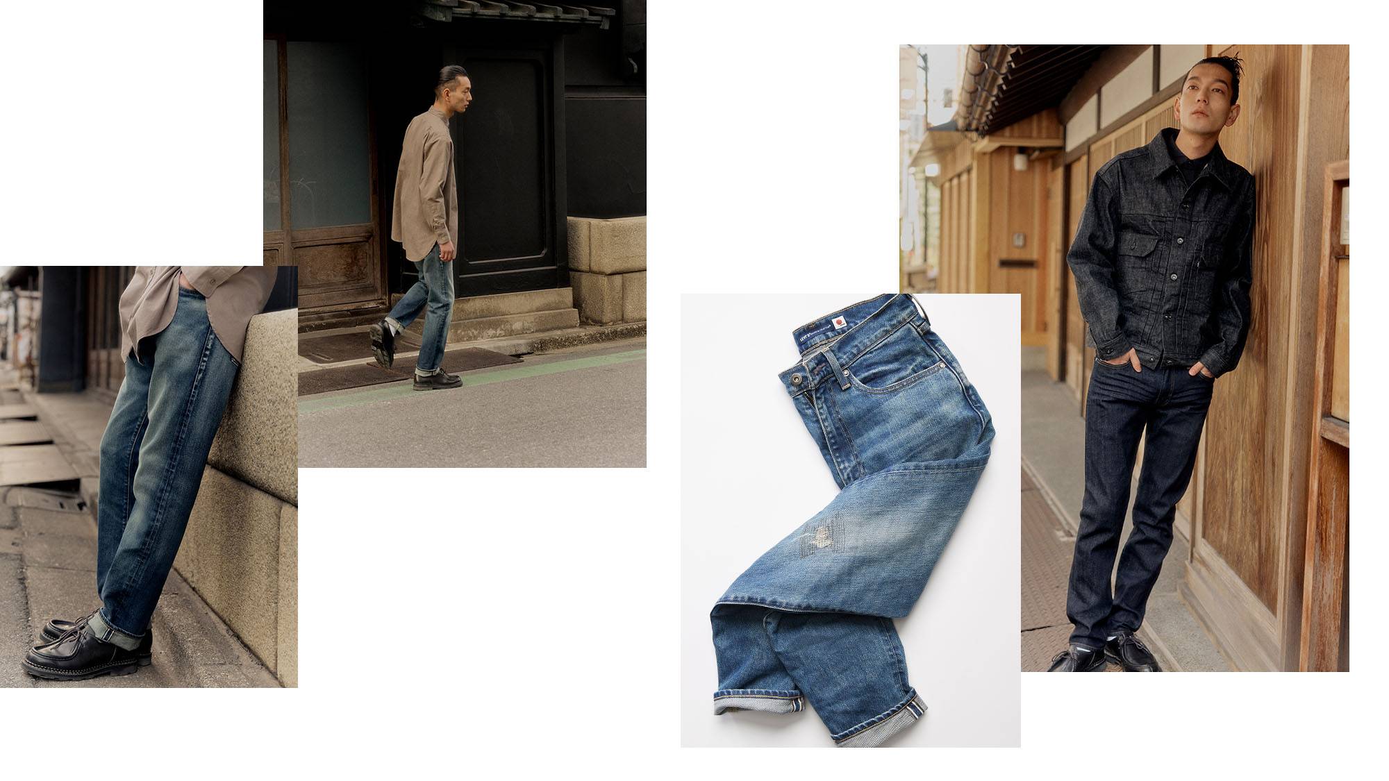 Levis® Made in Japan dark-wash selvedge denim styled on male model in beige button up long sleeve top with tucked in pant legs. He is also styled in a dark grey selvedge denim jacket and dark-wash selvedge jeans.