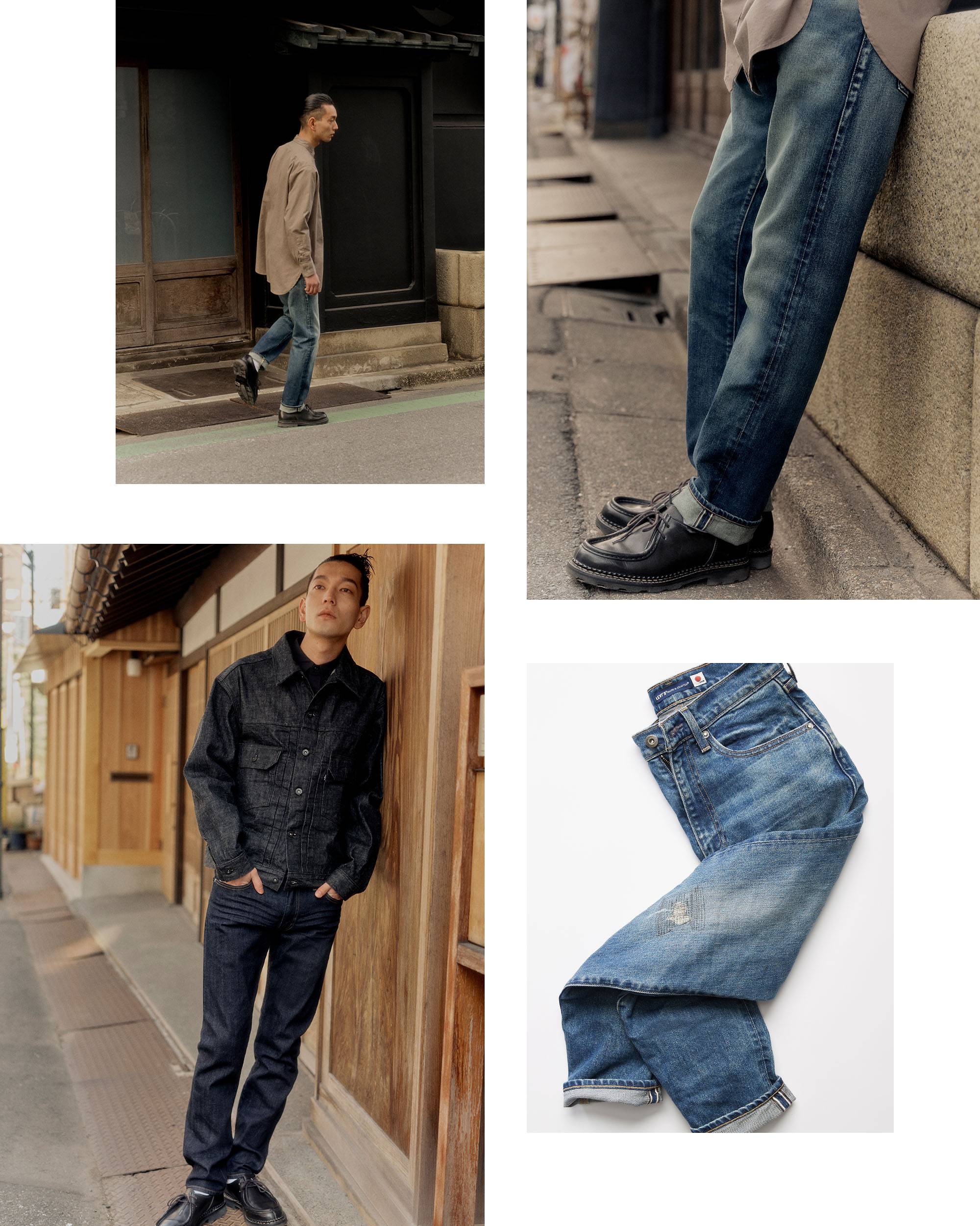 Levis® Made in Japan dark-wash selvedge denim styled on male model in beige button up long sleeve top with tucked in pant legs. He is also styled in a dark grey selvedge denim jacket and dark-wash selvedge jeans.