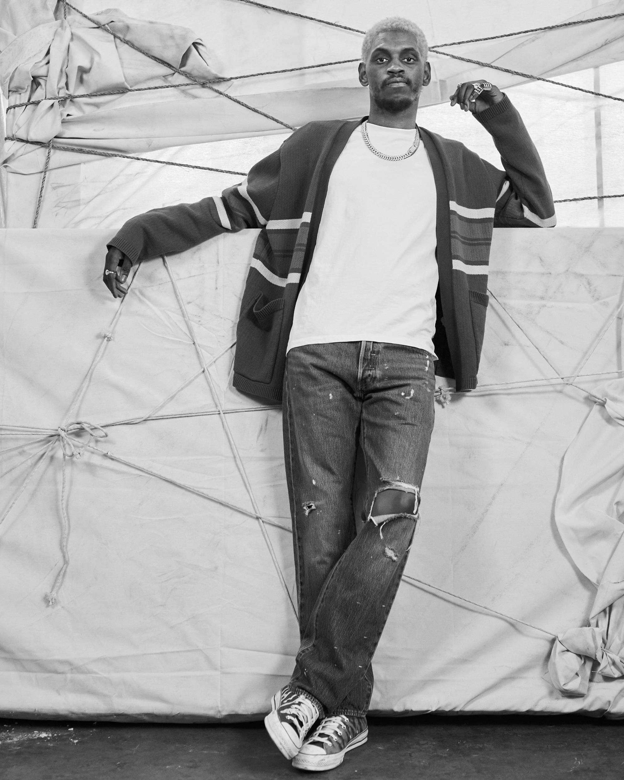 Levis 501 Jeans styled on designer, artist, model and founding member of the legendary A$AP Mob, A$AP Nast. In a black and white image.