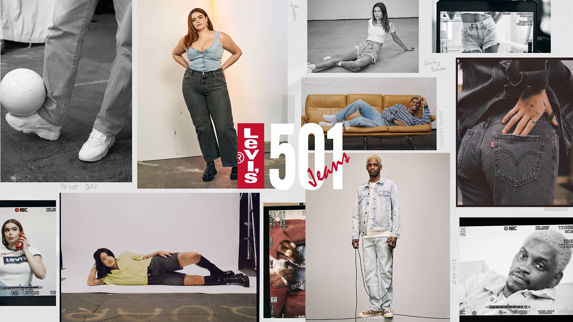 Levis 501 Jeans styled on four different influencers, Barbie Ferreira, Marcus Rashford, Peggy Gou and Asap Nast.