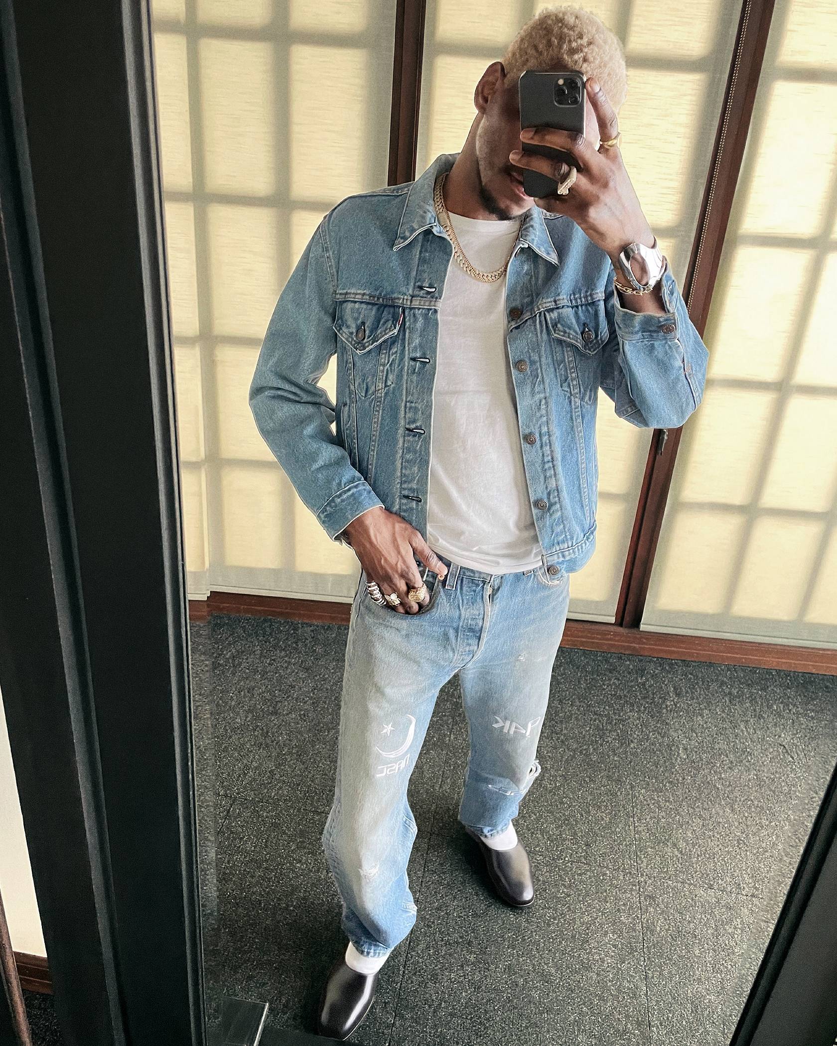 Image of man taking photo of his styled denim look