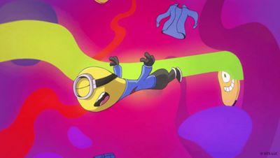 Video of Minions merging into and out of jeans and denim like a lava lamp with a pink and purple background.