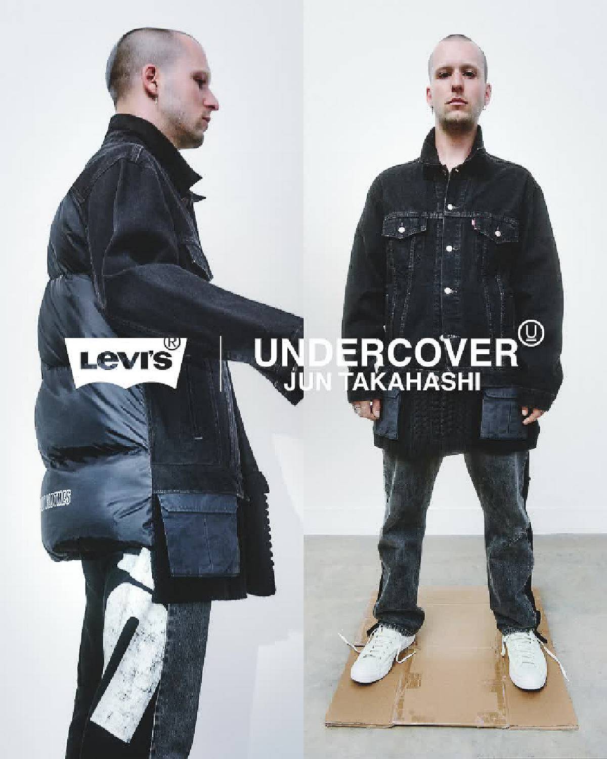Video of a model wearing the Levi's® x UNDERCOVER Hybrid Denim Sweat Pant and Levi's® x UNDERCOVER Hybrid Trucker Down Jacket