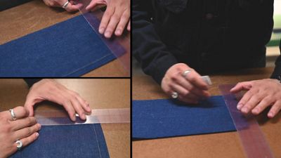 Videos of a Lead Tailor from New York working on a pair of bespoke Levi's® denim jeans with images of buttons, raw denim fabric, and zippers.