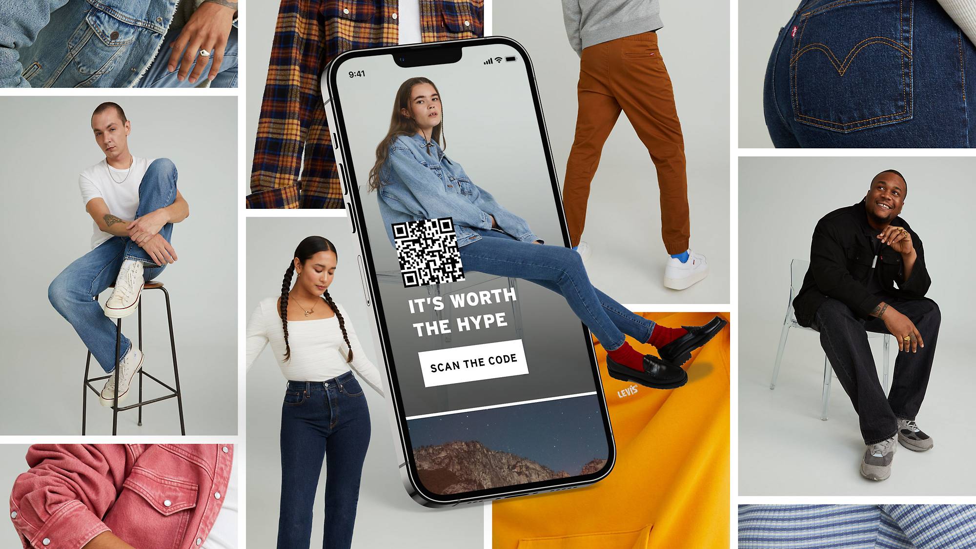 Multiple shots of models in head to toe Levi's® outfits with phone in middle showcasing the QR code for scanning/app download.