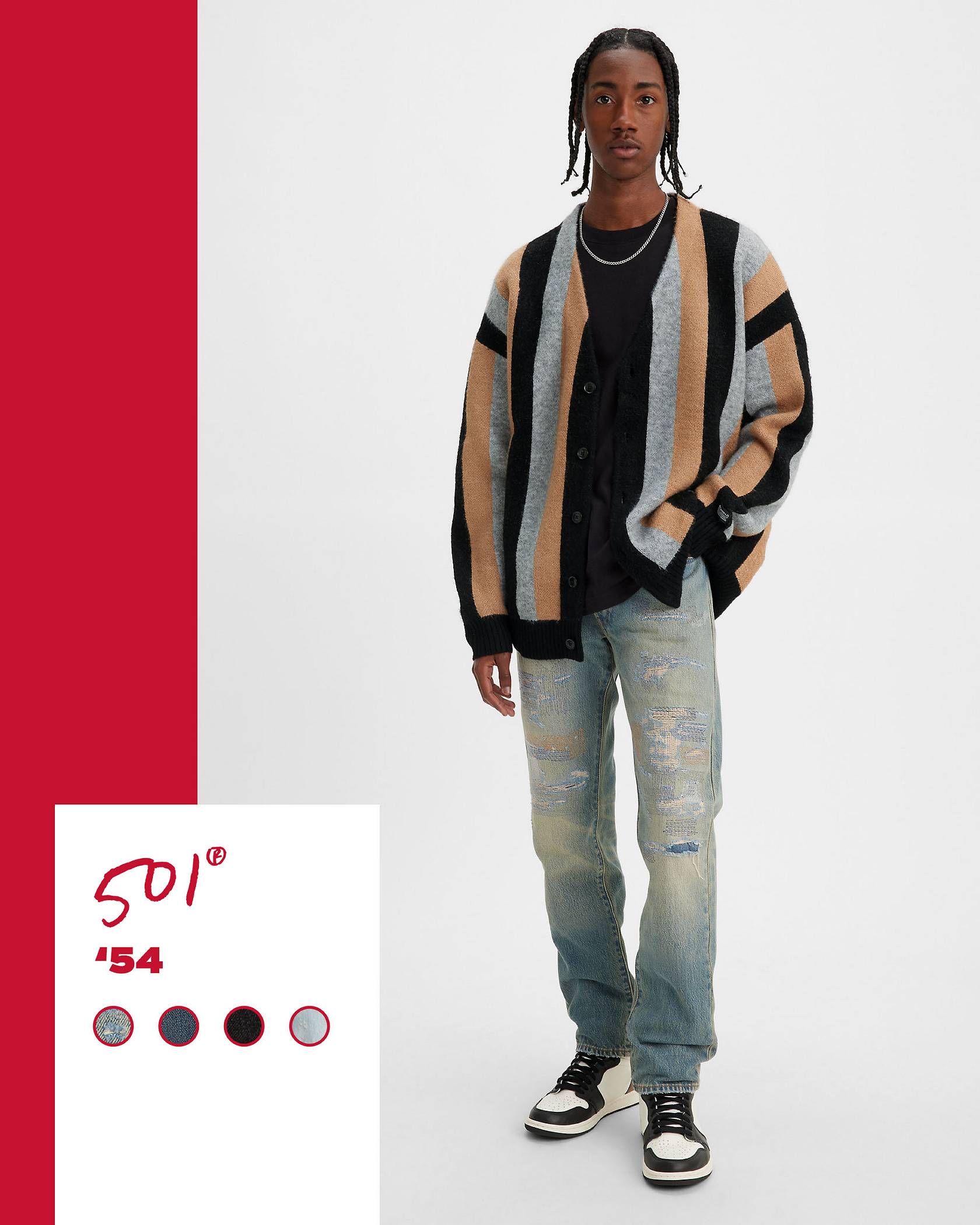 Paneled shot of model in light distressed wash 501® '54 jeans with a red tag displaying product name and sample color swatches