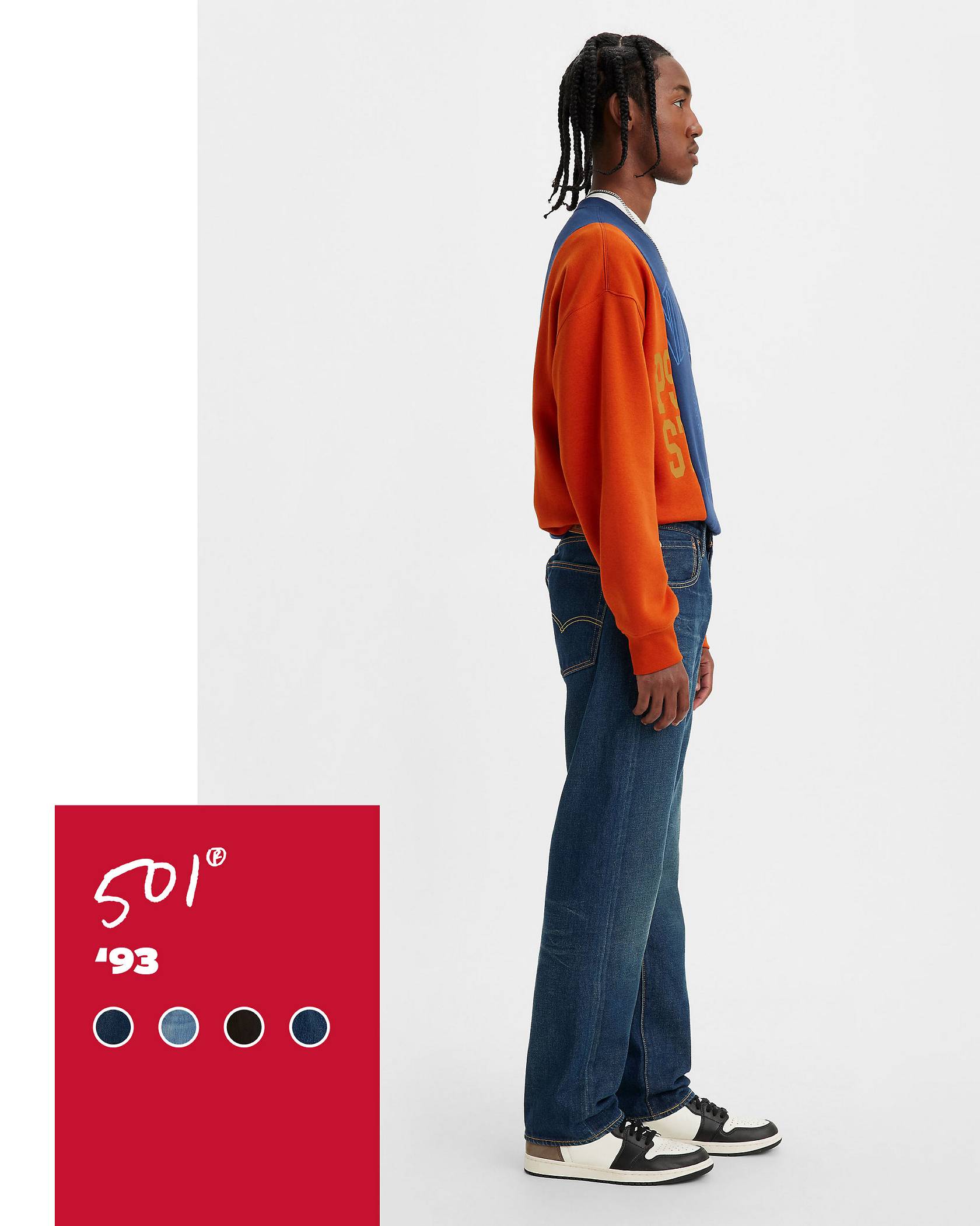 Paneled shot of model in dark wash 501® '93 jeans with a red tag displaying product name and sample color swatches