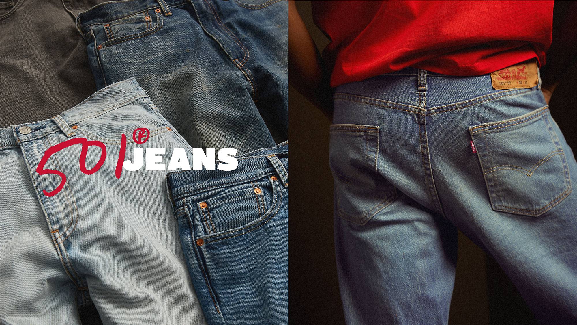 Split screen of men's 501® buttshot and multi jean flat lay with overlaid "501® Jeans" graphic lockup