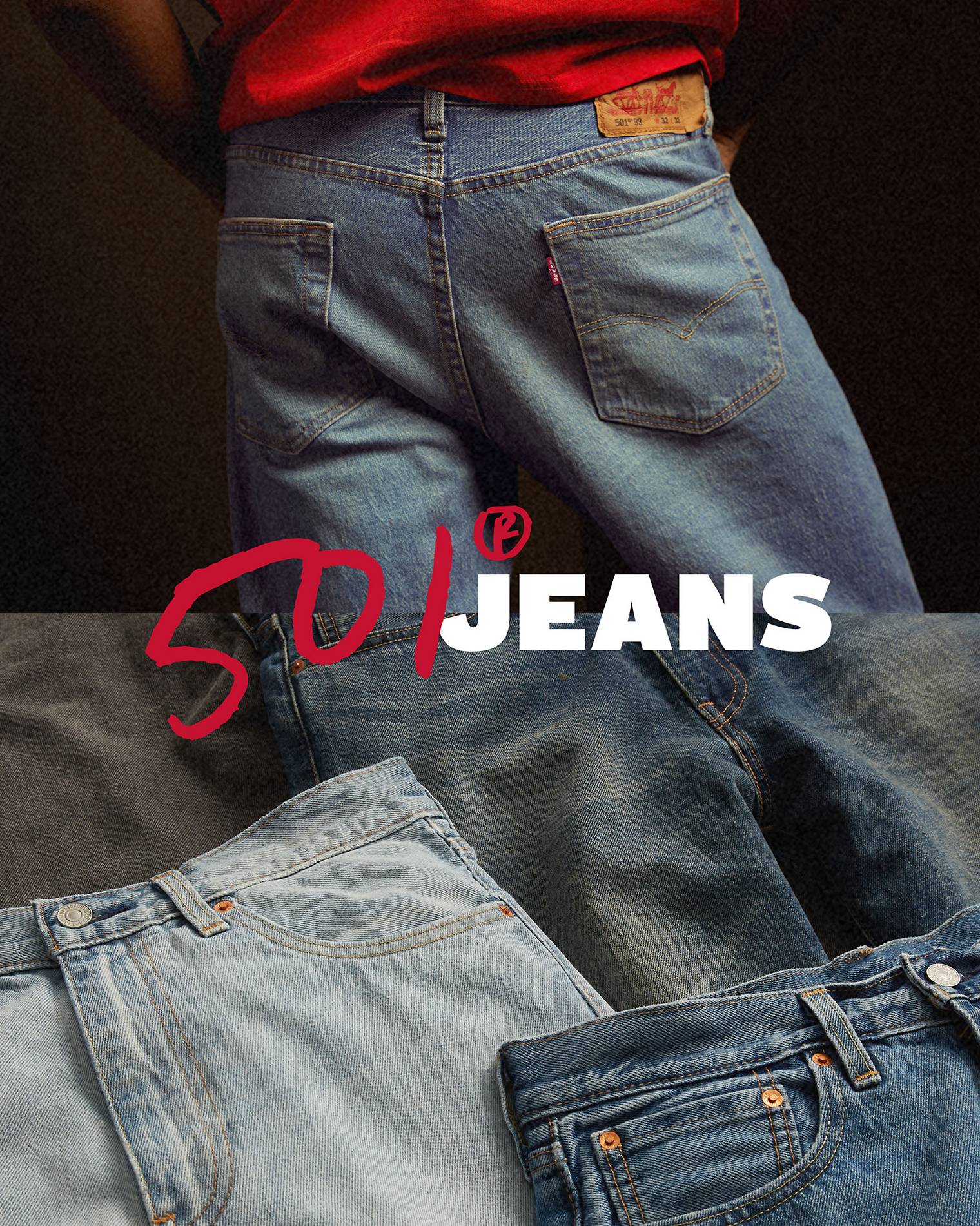 Split screen of men's 501® buttshot and multi jean flat lay with overlaid "501® Jeans" graphic lockup
