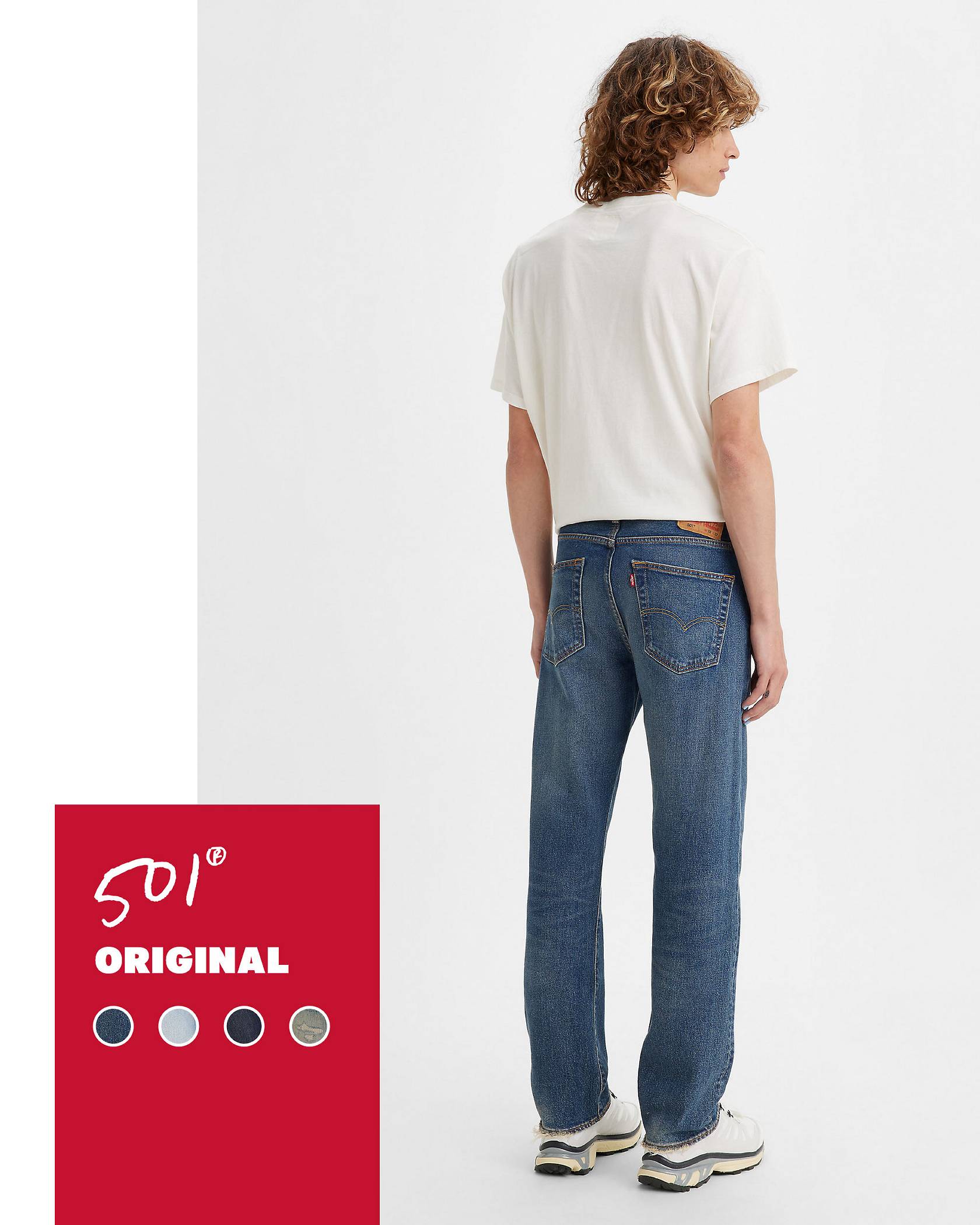 Paneled shot of model in medium wash 501® Original jeans with a red tag displaying product name and sample color swatches