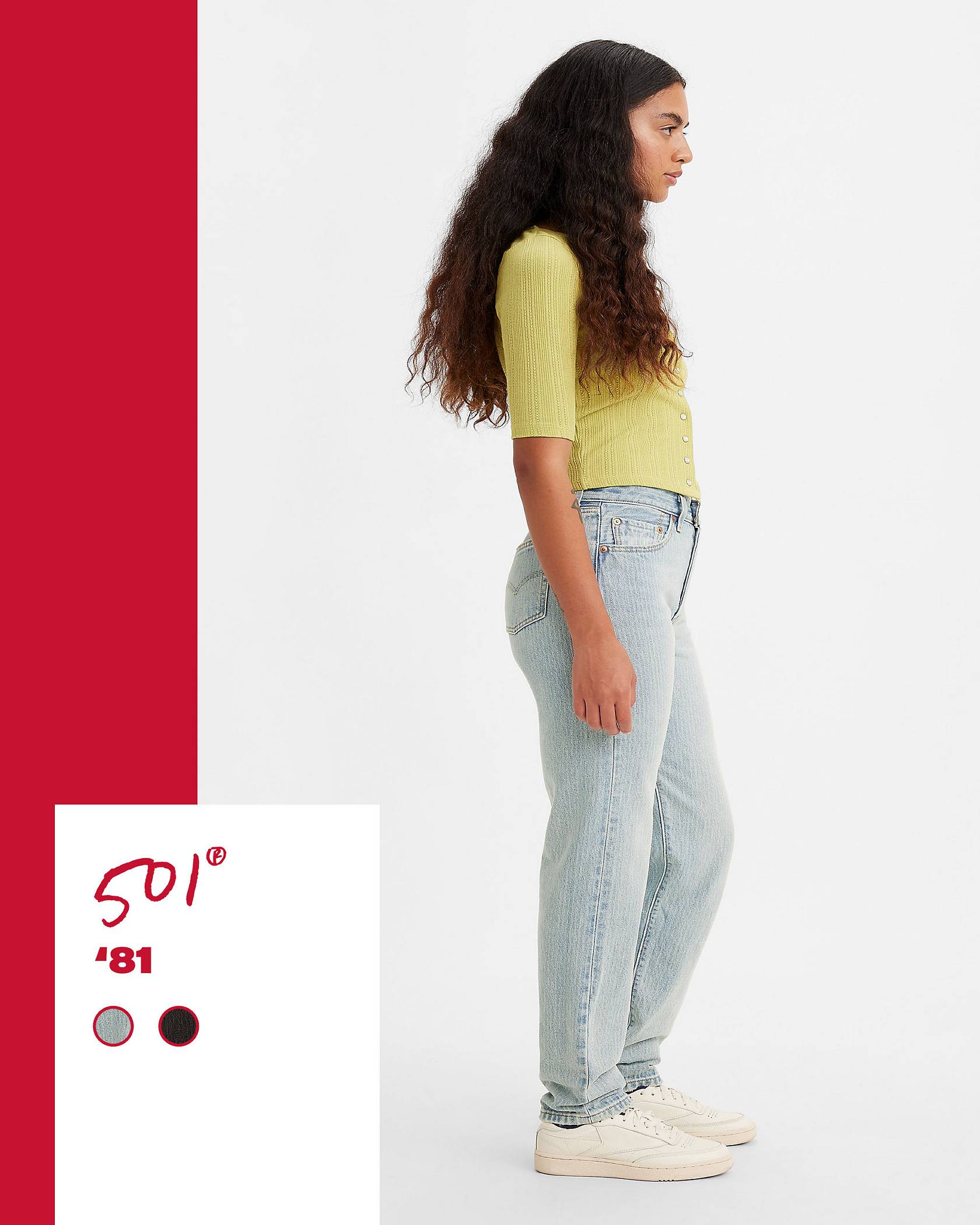 Paneled shot of model in light wash 501® '81 jeans with a red tag displaying product name and sample color swatches