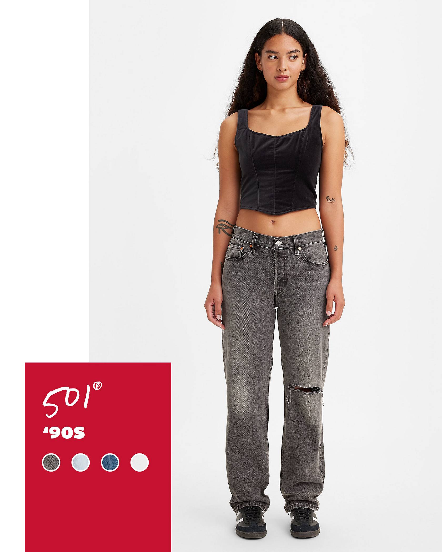 Paneled shot of model in black distressed wash 501® '90s jeans with a red tag displaying product name and sample color swatches