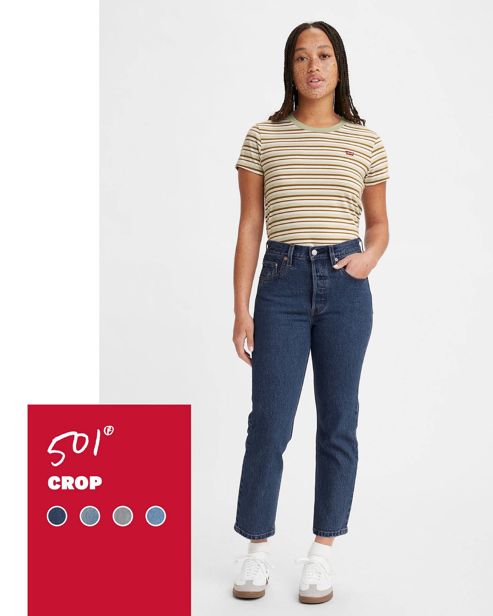 Paneled shot of model in dark wash 501® Crop jeans with a red tag displaying product name and sample color swatches