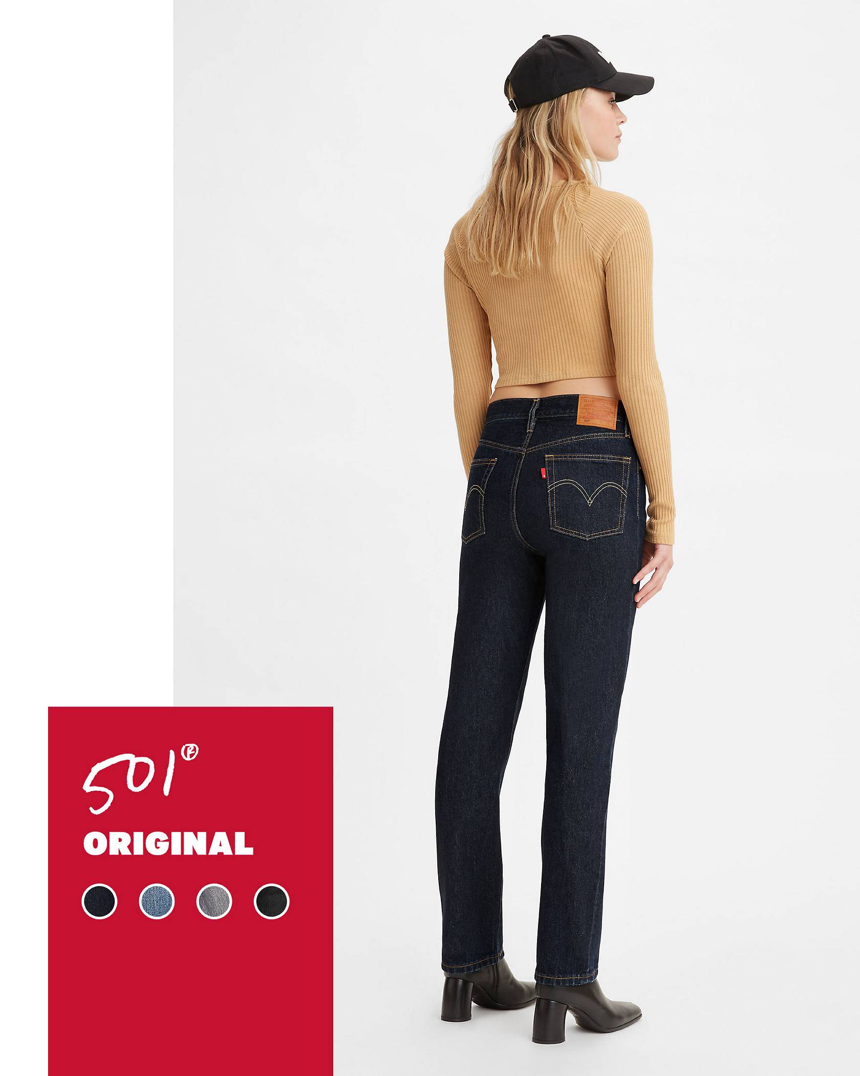Paneled shot of model in dark wash 501® Original jeans with a red tag displaying product name and sample color swatches