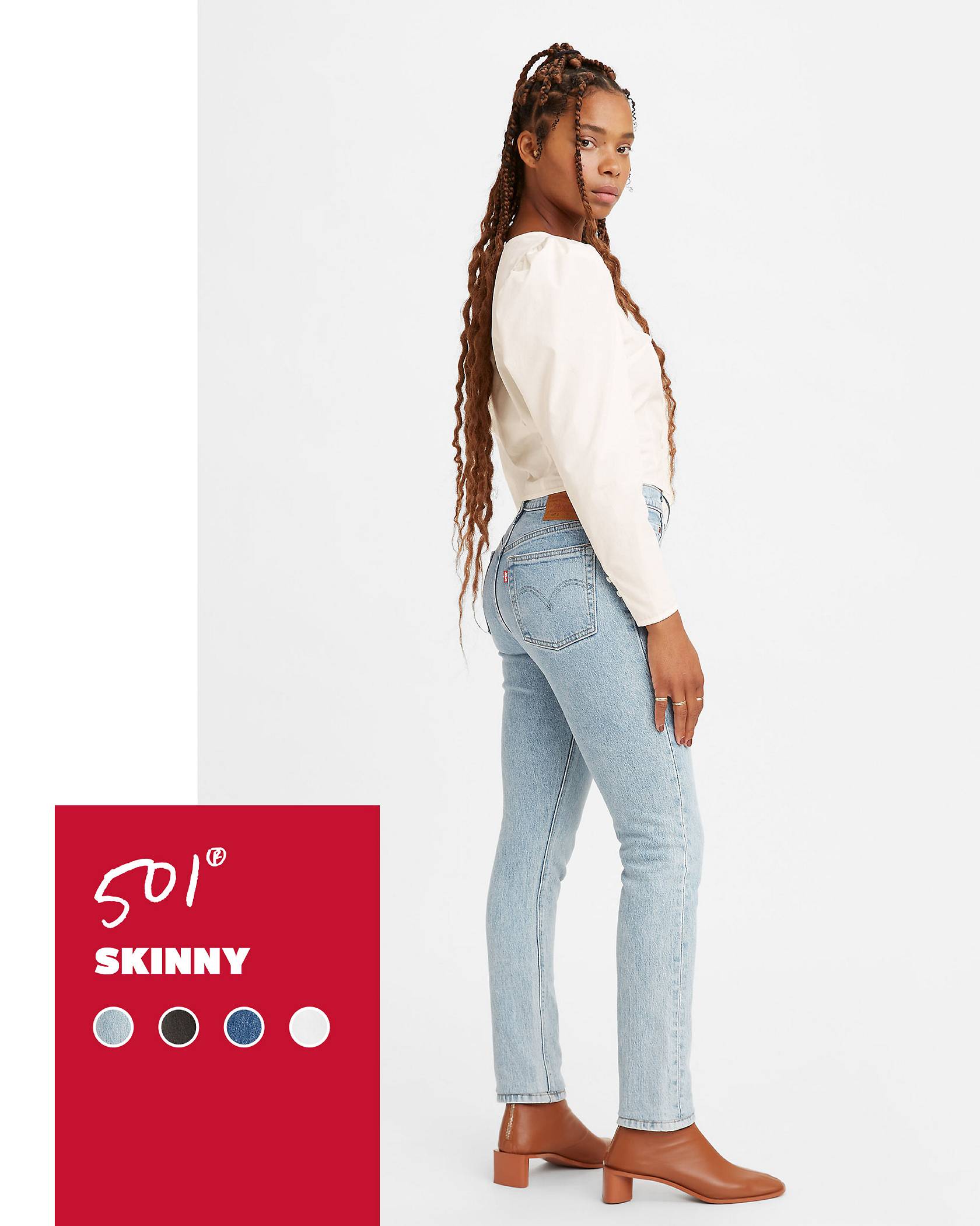Paneled shot of model in light wash 501® Skinny jeans with a red tag displaying product name and sample color swatches