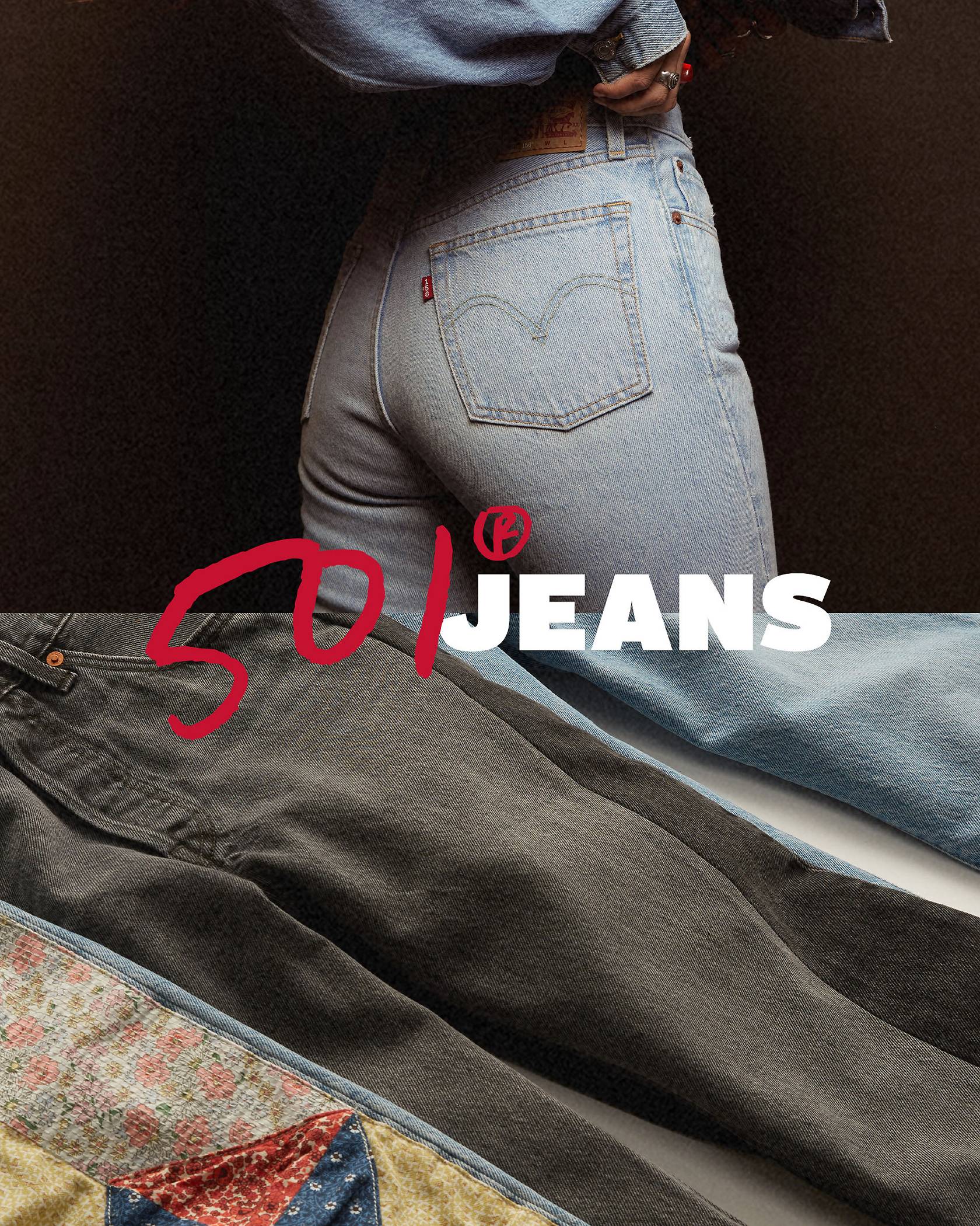 Split screen of women's 501® buttshot and multi jean flat lay with overlaid "501® Jeans" graphic lockup