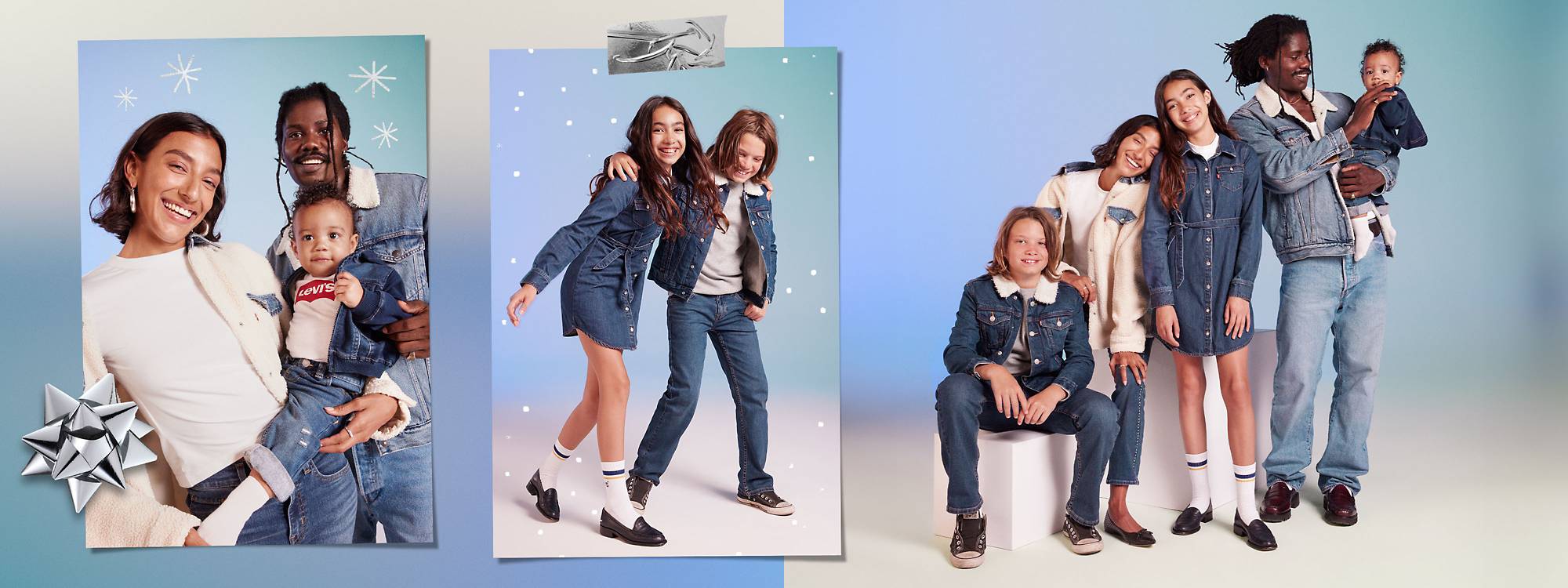 Blue toned background with image collage of models in assorted denim styles