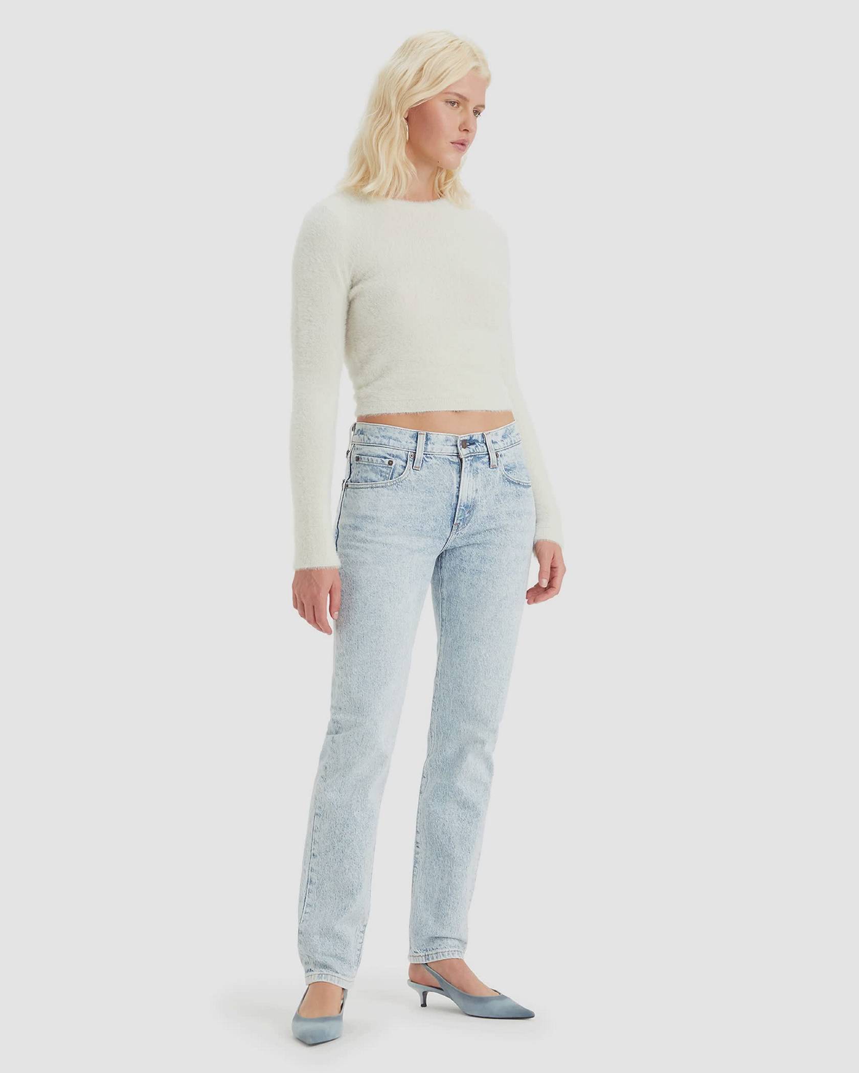 Rotating images of model in acid wash Middy Straight Jeans