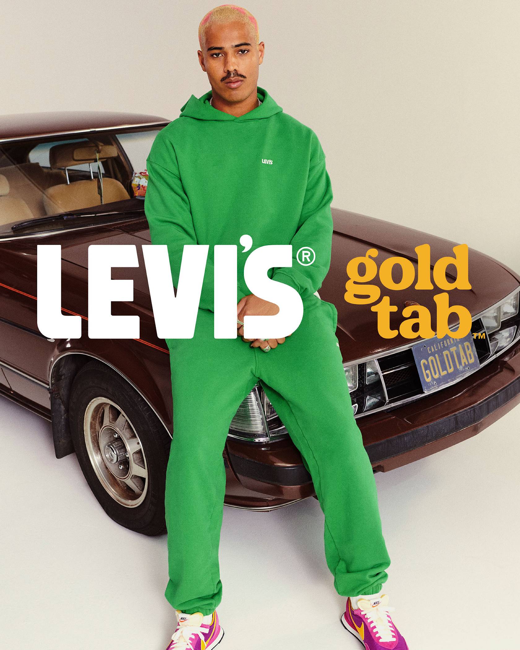 Guy standing leaning on a car with Gold Tab Sweats and a Sweatshirt on in a green color.