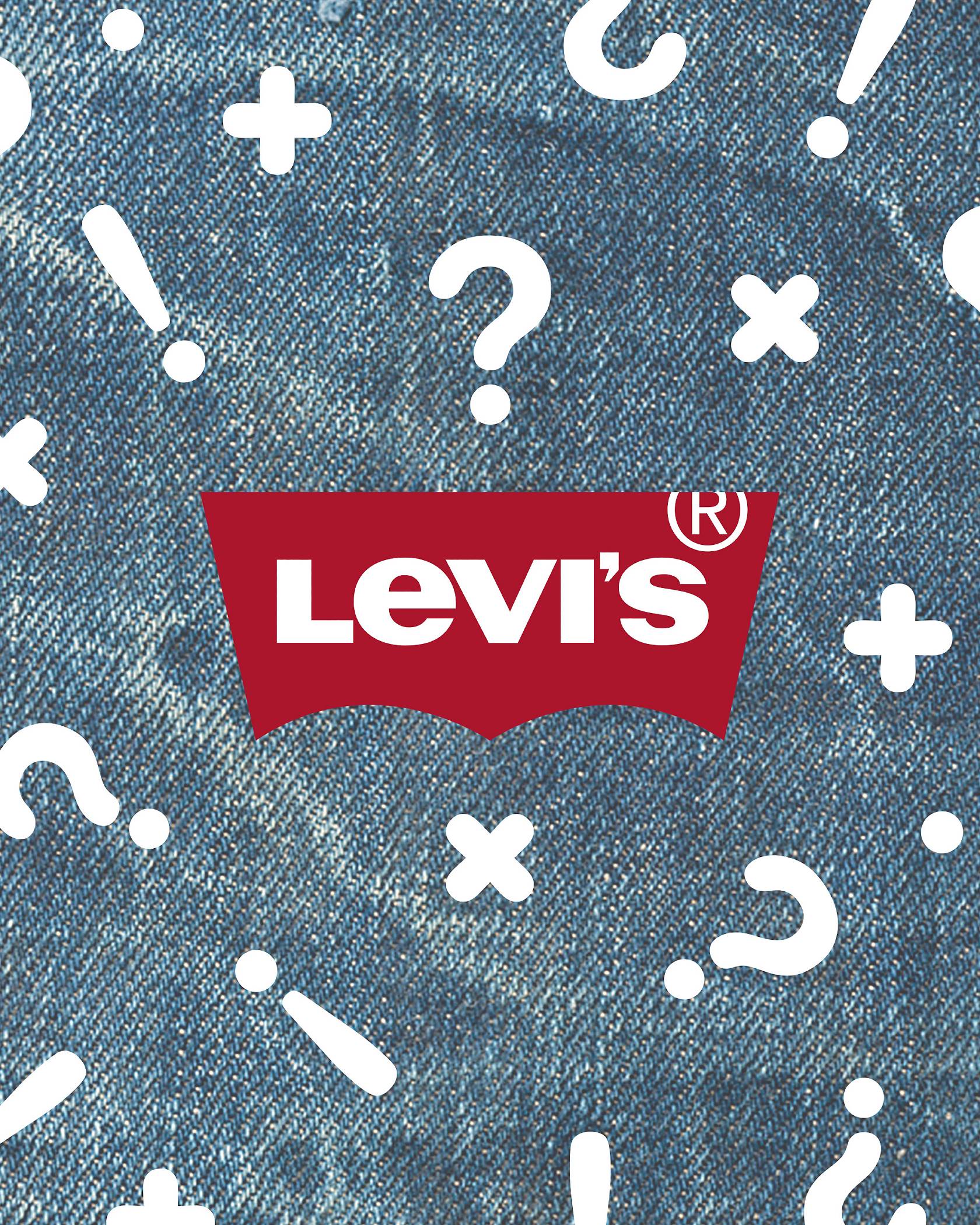 Denim background with white question marks, exclamation marks, and X's with the Levi's logo in the middle.