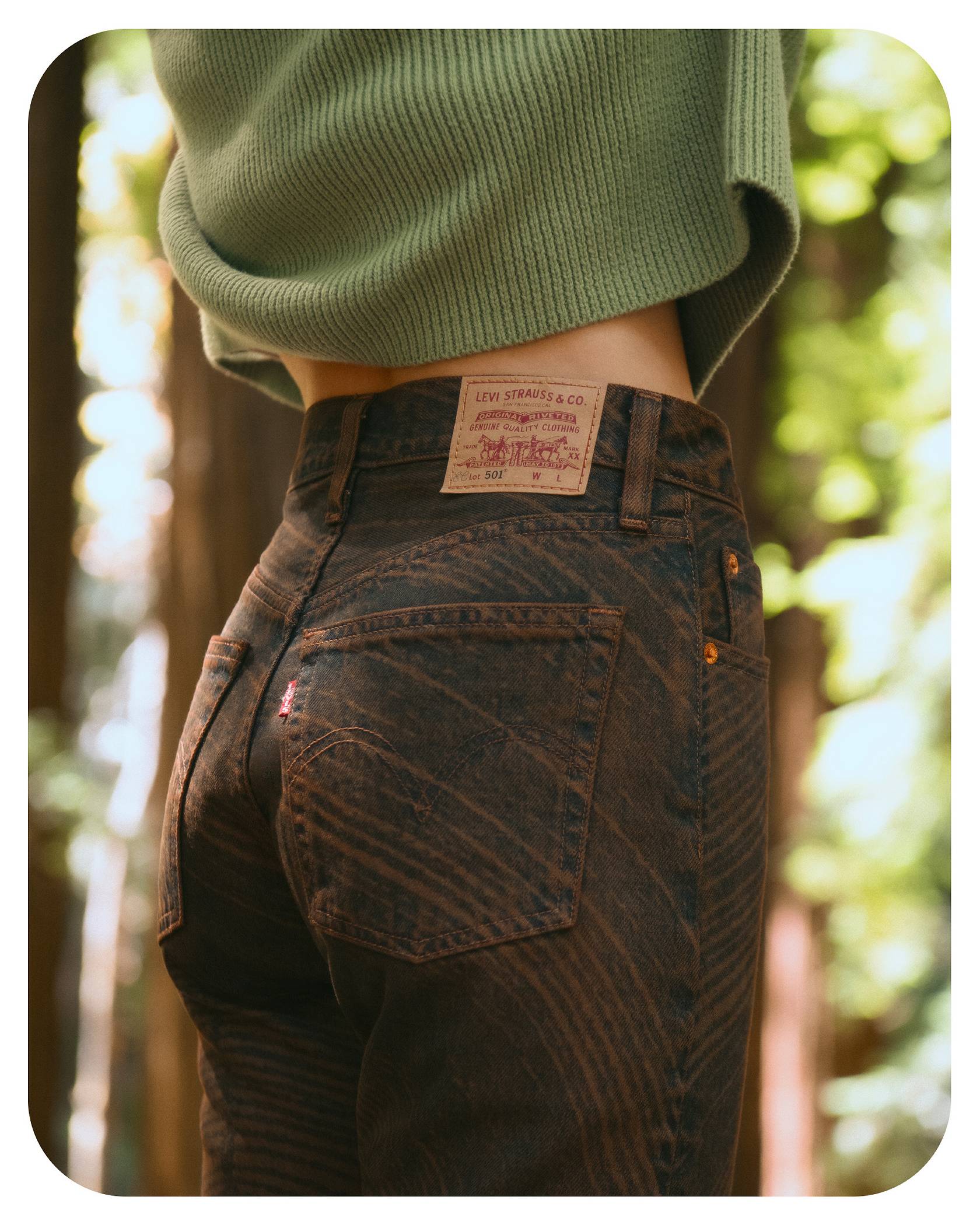 Image featuring Levi's® x Emma Chamberlain pants with redwood tree ring print detail