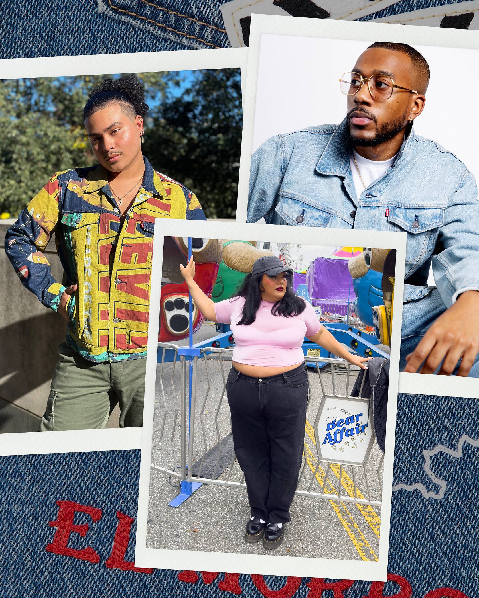 Three images of creatives who have paid their homage on custom pairs of co-designed Levi’s® 501® jeans,
