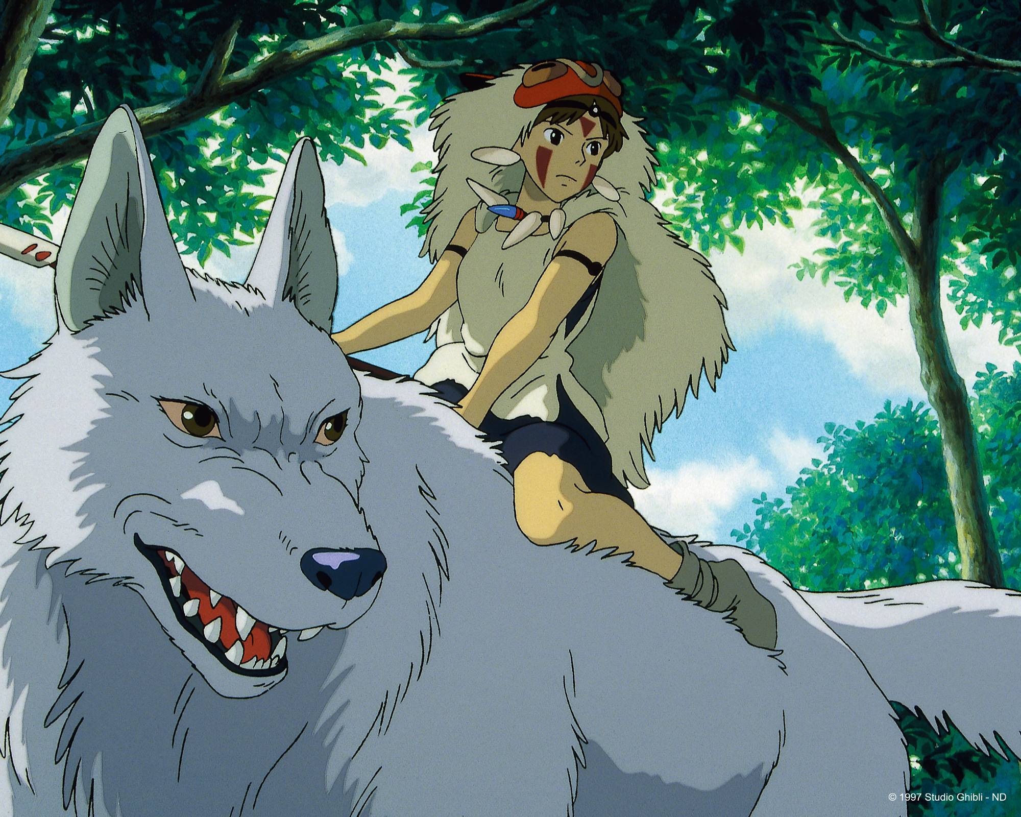 Video still from Princess Mononoke animated film featuring main character San riding a wolf