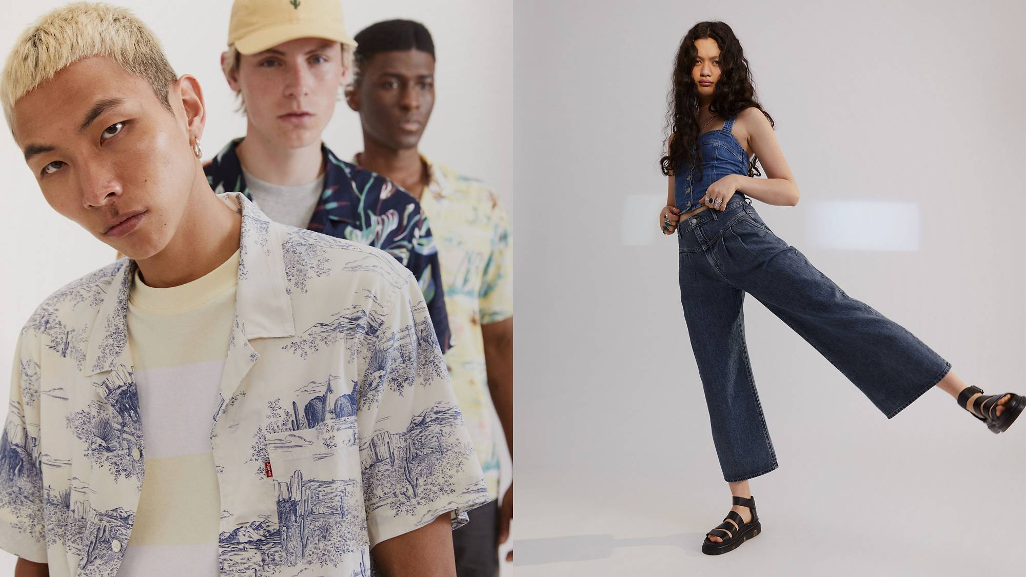 Split screen of models in warm weather styles - men's sunset camp shirts and women's featherweight jeans